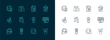 Çöp tenekesi, LED ampul, yapraklı ışık, küresel ısınmaya doğru eriyen toprak, su musluğu, radyoaktif atık varili, kalkan ve fabrika üretim ikonu. Vektör