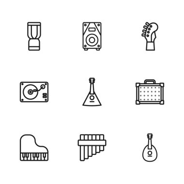 Pan flütü, Gitar amplifikatörü, Mandolin, Balalaika, boyun, Afrikalı djembe davul, Stereo hoparlörü ve vinil disk ikonlu vinil çalar. Vektör