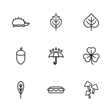 Ev yapımı turta, Yonca, Mantar, Şemsiye ve yağmur damlaları, Yaprak, Kirpi ve Meşe palamudu. Vektör