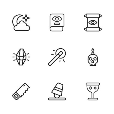 Oyun yüksükleri, kafatası üzerinde yanan mum, ortaçağ kadehi, sihirli değnek, parşömen, ay yıldızları, antik büyü kitabı ve taş ikonu. Vektör