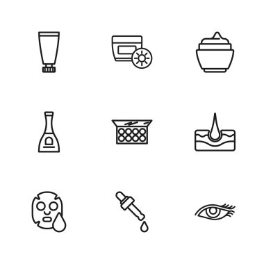 Pipette 'i yağ, insan saç kökü, kadın gözü, makyaj tozu aynası, krem losyon kozmetik tüpü, güneş kremi ve bir şişe oje ikonu ile ayarla. Vektör