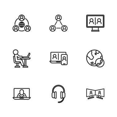 Kulaklıkları ayarla, görüntülü konuşma konferansı, toplantı ve Freelancer ikonu. Vektör