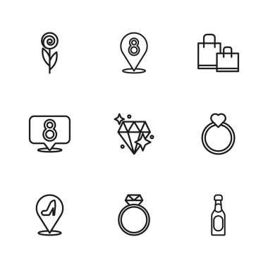 Elmas nişan yüzüğü, şampanya şişesi, kağıt alışveriş çantası, çiçek, 8 Mart ve ikon. Vektör