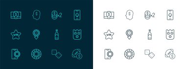 Online poker masası oyunu, kumarhane fişleri, bir şişe şarap, bir dolarlık zar, kağıt para yığını ve Lucky player ikonu. Vektör