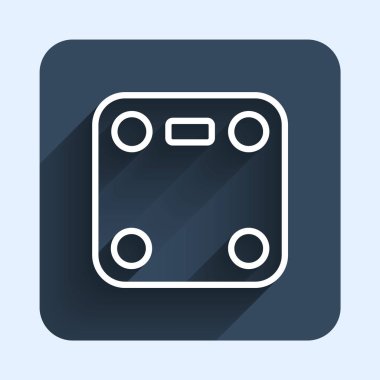 Beyaz çizgi banyo ölçekli ikon uzun gölge arkaplanı ile izole edilmiş. Ağırlık ölçme ekipmanı. Ağırlık ölçeği spor konsepti. Mavi kare düğme. Vektör