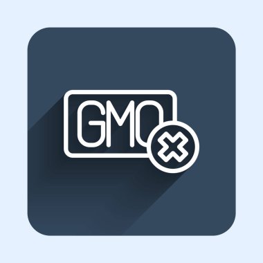 Beyaz çizgi No GMO simgesi izole uzun gölge arkaplan. Genetik olarak değiştirilmiş organizma kısaltması. DNA gıda modifikasyonu. Mavi kare düğme. Vektör