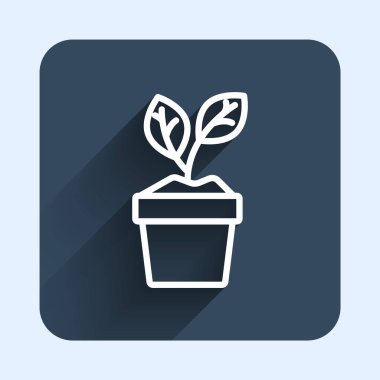 Çömlek simgesinde beyaz çizgi Bitkisi uzun gölge arkaplan izole. Tencerede yetişen bir bitki. Saksı bitkisi işareti. Mavi kare düğme. Vektör