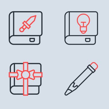 Satır Kullanıcı Kılavuzu, Hediye olarak Kitap, Silgiyle Kalem ve Silah Simgesi. Vektör