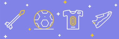 Set hattı Fitness ayakkabıları, futbol forması ve tişörtü, futbol futbolu ve ortaçağ ok ikonu. Vektör