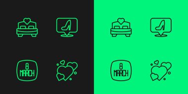 Set çizgisi, 8 Mart, Yatak odası ve Kadın ayakkabı ikonu. Vektör