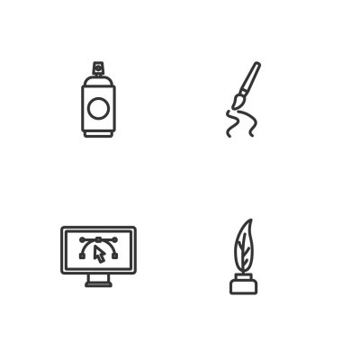 Tüy ve mürekkep hokkasını, dizayn programını, boya spreyini ve fırça simgesini ayarla. Vektör