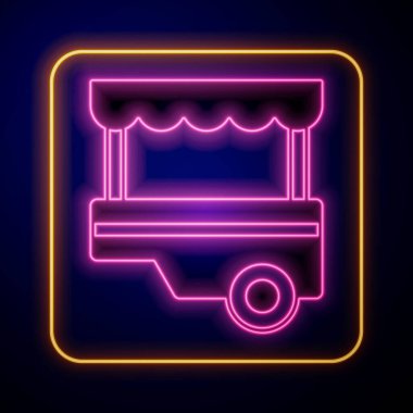 Siyah arka planda tente ikonu olan parlayan neon neon renkli Fast Street yemek arabası. Şehir büfesi. Vektör