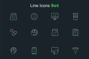 Dilimlenmiş pizza, çevrimiçi yemek siparişi, soda kutusu, 24 saat servis, restoran kafe menüsü, yemek ve kurabiye ikonu. Vektör
