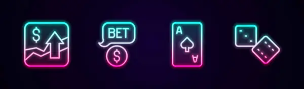 设定线金融增长增加 赌场芯片与美元 扑克牌符号和游戏骰子 发光的霓虹灯图标 — 图库矢量图片