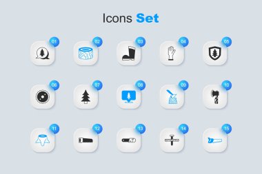 Metalik çivi, ağaç, tahta kütük, kütük, el testeresi, balta ve orman ikonunun yerini ayarla. Vektör