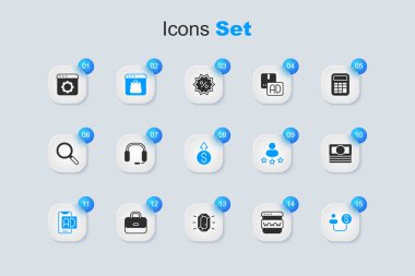 Tarayıcı penceresi, kulaklıklar, çevrimiçi alışveriş ekranı, reklamcılık, insan ve para, yığın kağıt para, ayar ve finansal büyüme dolar ikonu. Vektör