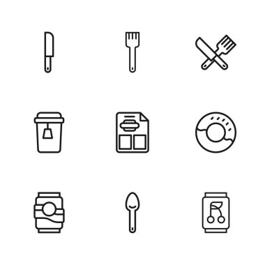 Spoon, Donut, Soda kutusu, Restoran kafe menüsü, çapraz bıçak ve çatal, Bıçak, Çatal ve çay ikonu. Vektör