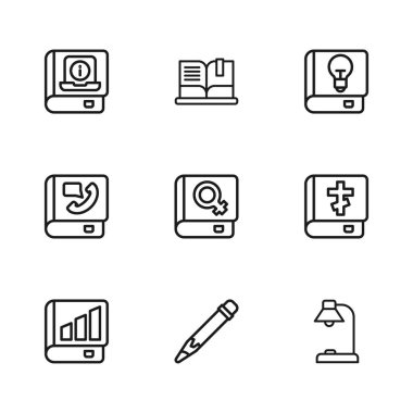 Silgi, kutsal kitap, masa lambası, kadınlar hakkında kitap, kullanıcı kılavuzu, aç ve telefon ikonu. Vektör