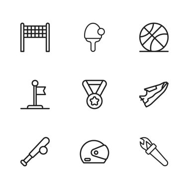 Hat çizgisi yarış kaskı, spor ayakkabısı, meşale alevi, madalya, basketbol topu, voleybol ağı, raket ve bayrak ikonu. Vektör