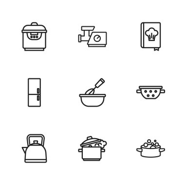 Hattı ayarla. Yemek pişirme kabı, kevaşe, yemek kitabı, yavaş pişirme makinesi, kıyma makinesi ve buzdolabı ikonu. Vektör