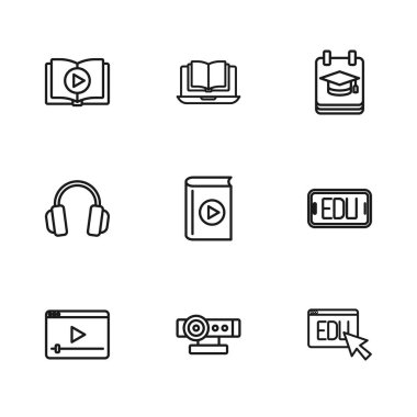 Web kamerası, çevrimiçi eğitim, sesli kitap, sınıf ve kulaklık simgesi ayarla. Vektör