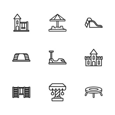 Çizgi çizgisi, atlıkarınca, kum kale, zıplayan trambolin, kayak parkı, çocuklar için salıncak, kum havuzlu kum havuzu ve maymun bar ikonu. Vektör