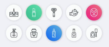 Temel yağ şişesi, yüz maskesi, el kremi tüpü, şişe tırnak cilası traş köpüğü, jilet ve parfüm ikonu. Vektör