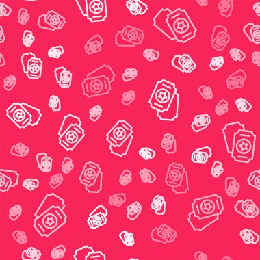 Beyaz çizgi sirk bileti ikonu kırmızı arka planda izole edilmiş. Eğlence parkı. Vektör