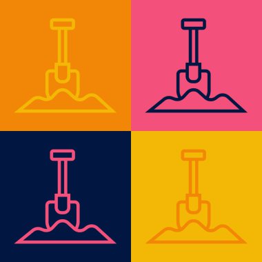 Pop Sanat Çizgisi Kürek simgesi renk arkaplanında izole edildi. Bahçe aletleri. Bahçecilik, tarım, çiftçilik aleti. Vektör