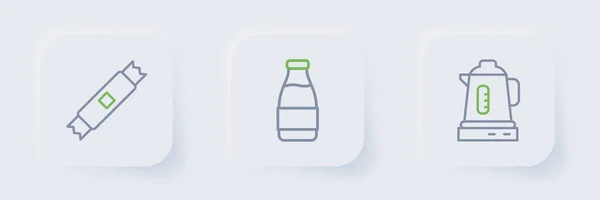 Набор Линии Электрический Чайник Бутылка Молока Сахар Палочки Значок Вектор — стоковый вектор