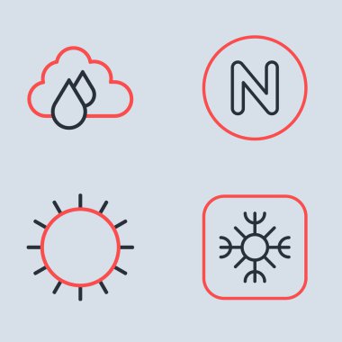 Pusula 'yı kuzeye, Güneş' e, Kar Tanesi 'ne ve Bulut' a yağmur ikonuyla ayarla. Vektör
