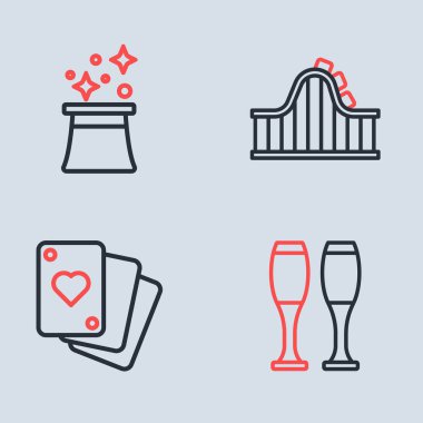 Hız trenini ayarla, iskambil oyna, bovling rozeti ve sihirbaz şapkası ikonu. Vektör