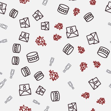 Hediye kutusu ve kalbi, Zarfı 8 Mart, Şampanya şişesi ve Elmas kusursuz desenli. Vektör