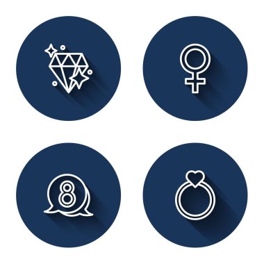 Sıra Diamond, kadın cinsiyeti sembolü, 8 Mart konuşma balonu ve uzun gölgeli nişan yüzüğü. Mavi daire düğmesi. Vektör