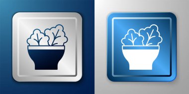 Mavi ve gri arka planda beyaz salata ikonu. Taze sebze salatası. Sağlıklı beslenme. Gümüş ve mavi kare düğme. Vektör