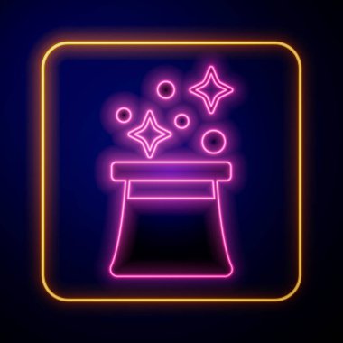 Parlayan neon büyücüsü şapka simgesi siyah arkaplanda izole edildi. Sihir numarası. Gizemli eğlence konsepti. Vektör