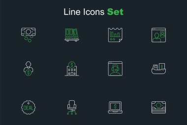 Hat Stacks kağıt para nakit, dizüstü bilgisayar, ofis koltuğu, anlaşma, kargo kutusu teslimatı, telefon desteği, banka binası ve iş yatırımcısı ikonu. Vektör