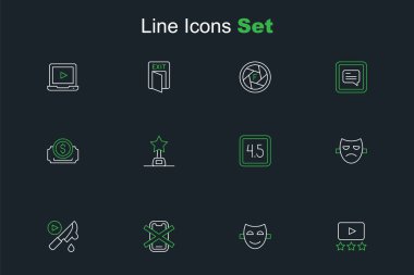 Set filmi, komedi tiyatrosu maskesi cep telefonu yok, Thriller, Drama, Film ödülü ve sinema bileti ikonu. Vektör