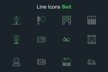 Demiryolu, tren yolu, petrol sarnıcı, tren bileti, Flasher sireni, bilet almak için bilet ofisi, Bayrak ve Demiryolu kavşağı ikonu. Vektör