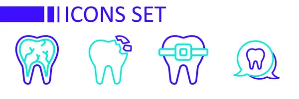 Установить Линию Зуб Зубы Брекетами Сломанный Зуб Иконка Вектор — стоковый вектор