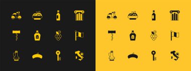 Kadim sütun, Fransız beresi, üzüm meyvesi, Eski anahtar, parfüm, bir şişe şarap, Scooter ve makarna ikonu. Vektör