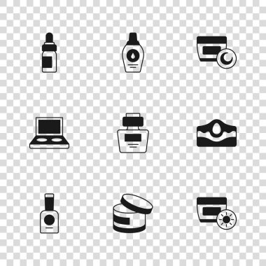 Krem veya losyon kozmetik tüpü, akne, güneş kremi, parfüm, esans yağı şişesi, şampuan şişesi ve fırça ikonlu göz farı paleti. Vektör