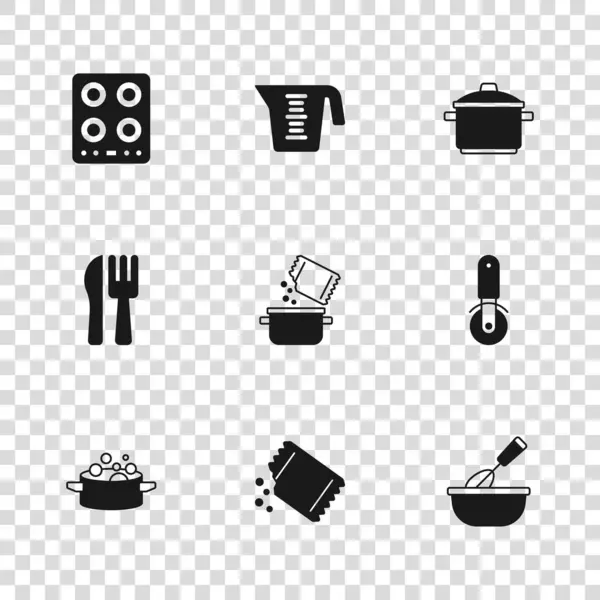 集辣椒 比萨刀 煮威士忌与碗 壶和香料 煤气炉 量杯和叉叉图标为一体 — 图库矢量图片