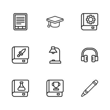 Satır Defteri, Kulaklıklar, Silgiyle Kalem, Masa Lambası, Kullanıcı Kılavuzu, E-Kitap Okuyucu, Mezuniyet Şapkası ve Silah Simgesi. Vektör