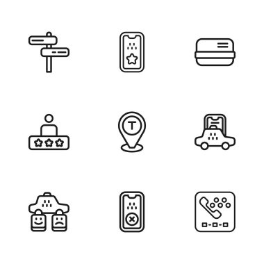 Taksi mobil uygulamasını, telefon servisini, konum taksi arabasını, kredi kartını, trafik işaretini ve derecelendirme ikonunu ayarla. Vektör