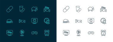 Yatma zamanı, Uykucu, Ay ve yıldızlar, kontak lens kutusu, yatak, koyun, uyku hapı ve ikon. Vektör