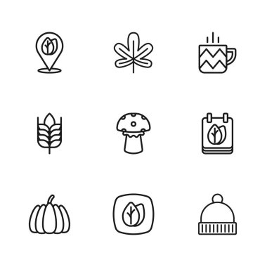 Set hattı, yapraklı takvim, kış şapkası, mantar, çay fincanı, konum yaprağı, kestane ve buğday ikonu. Vektör