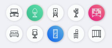 Büyük boy ayna, kütüphane rafı, yatak lambalı mobilya sehpası, ceket, sandalye, gardırop ve ofis sandalyesi ikonu. Vektör