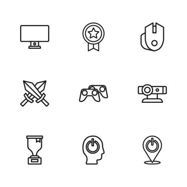 Satır Güç düğmesi, Web kamerası, Oyun denetleyici veya joystick, Bilgisayar faresi, madalya ve oyun simgesi için Kılıç ile derecelendirme yapın. Vektör
