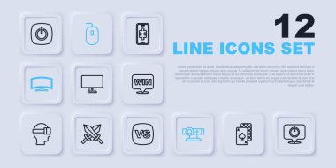Satır Oyun kartları, Güç düğmesi, Bilgisayar monitörü, Web kamerası, Oyun Kılıcı, Fare ve VS Savaş ikonu. Vektör